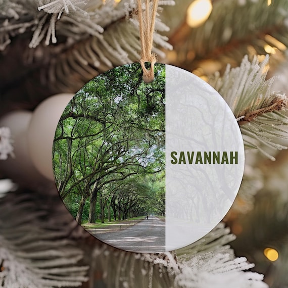 Savannah Oak Lined Road Round Ceramic Christmas Ornament Print