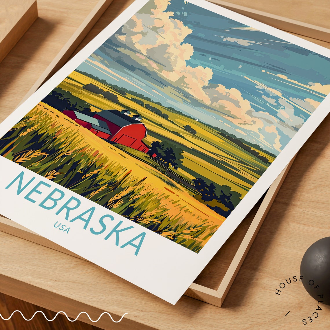 Nebraska USA Red Barn Golden Wheat Fields Cloudy Sky Travel Poster - Image 2