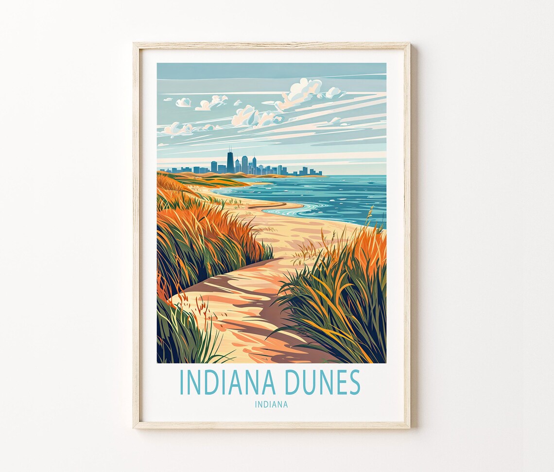 Indiana Dunes Indiana Dune Grasses Beach and City Skyline Across the Lake Poster - Image 3