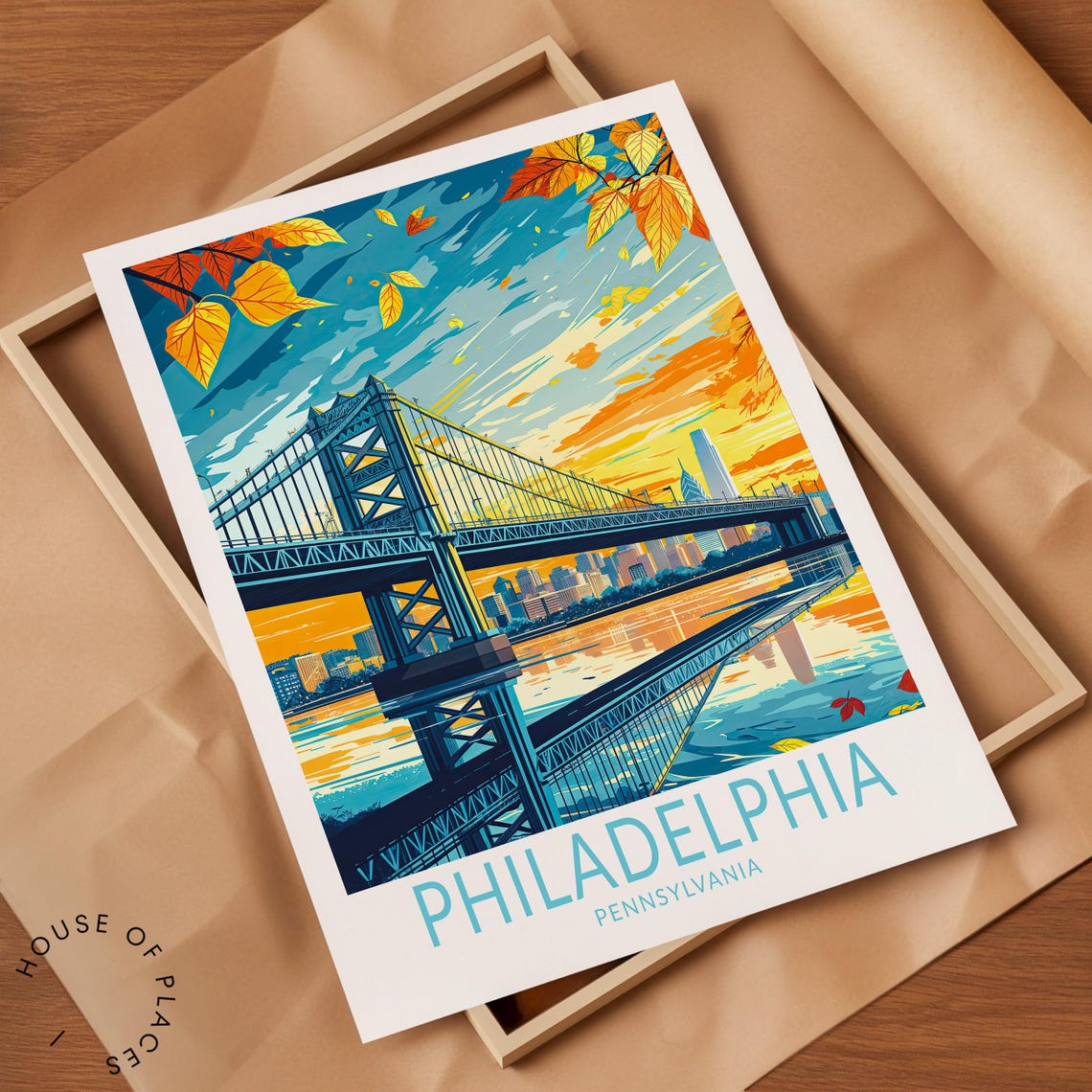 Philadelphia Bridge Skyline Golden Fall Leaves Travel Poster Art - Image 2