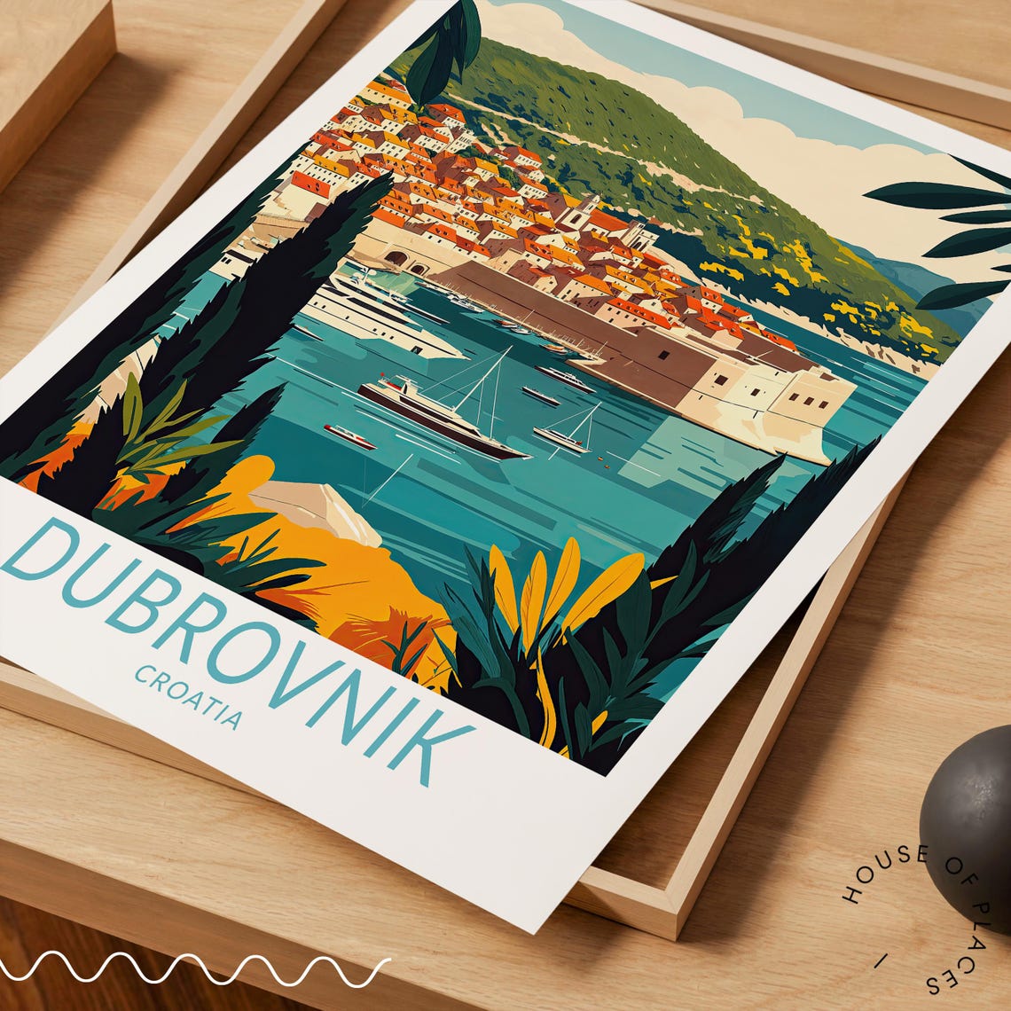 Dubrovnik Croatia Old Harbor Sailboats Sunset Retro Travel Poster - Image 3