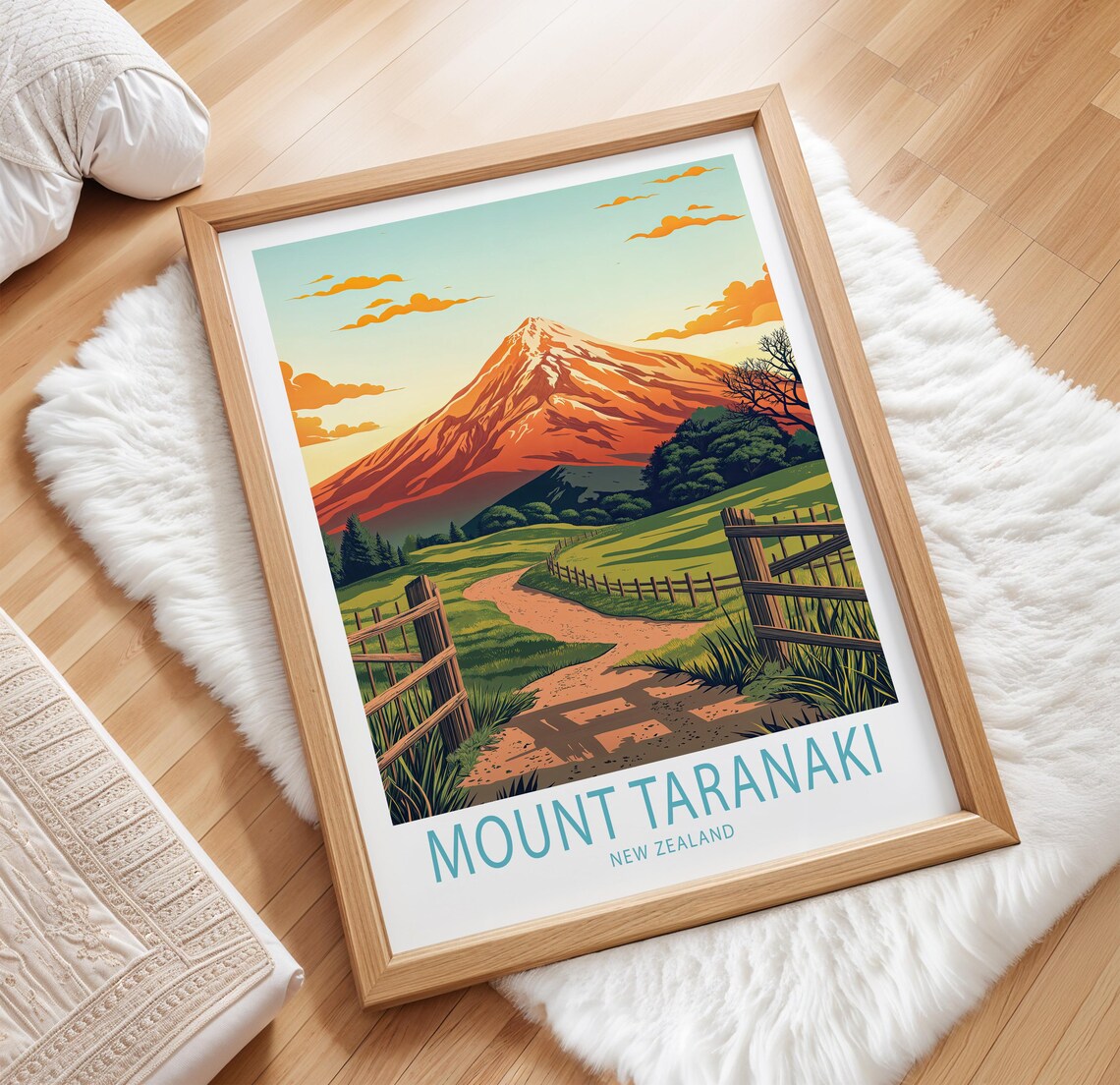 Mount Taranaki New Zealand Sunset Farm Gate Country Road Poster