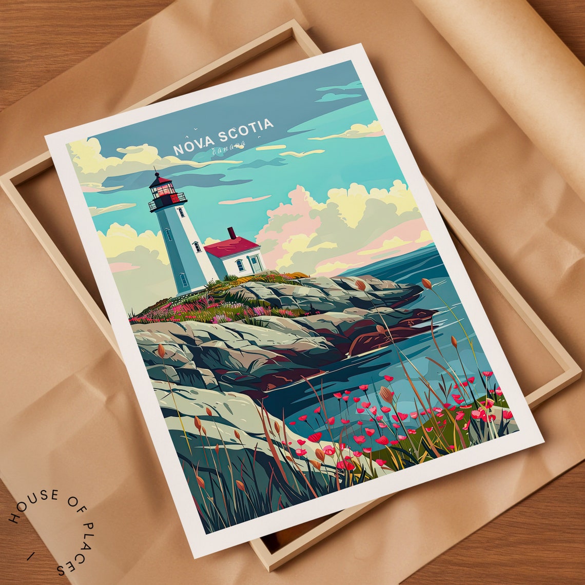 Nova Scotia Canada Lighthouse Rocky Shore Wildflowers Poster - Image 2