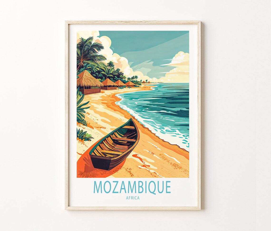 Mozambique Africa Beach Scene Rowboat Thatched Huts Travel Poster - Image 3
