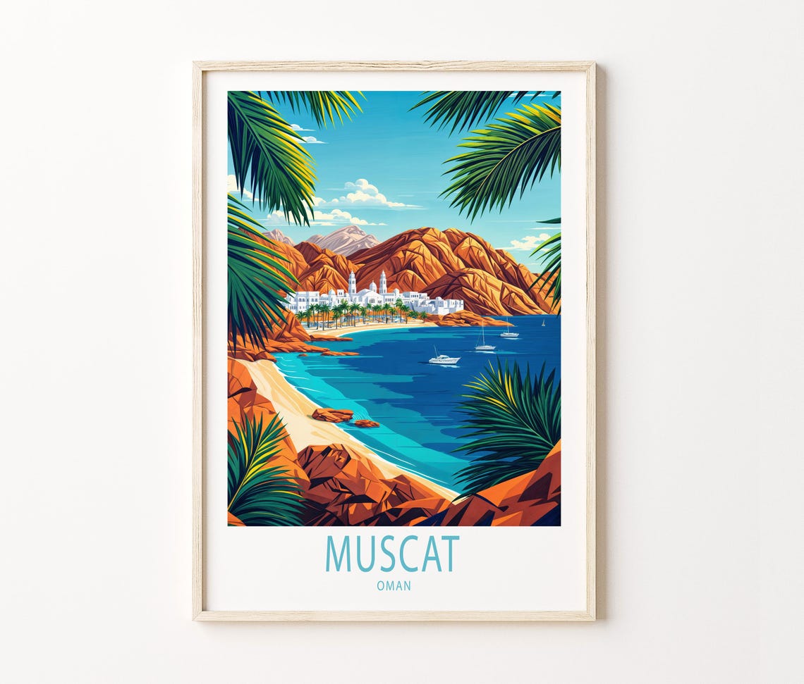 Muscat Oman White Old Town on the Bay With Rugged Red Mountains Poster