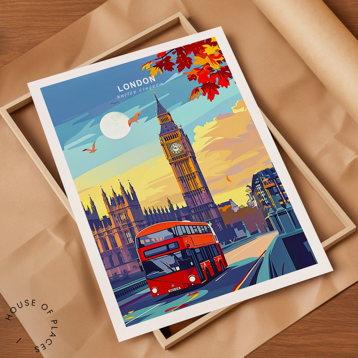 London Big Ben Autumn Moon Red Double Decker Bus Travel Poster - Image 2