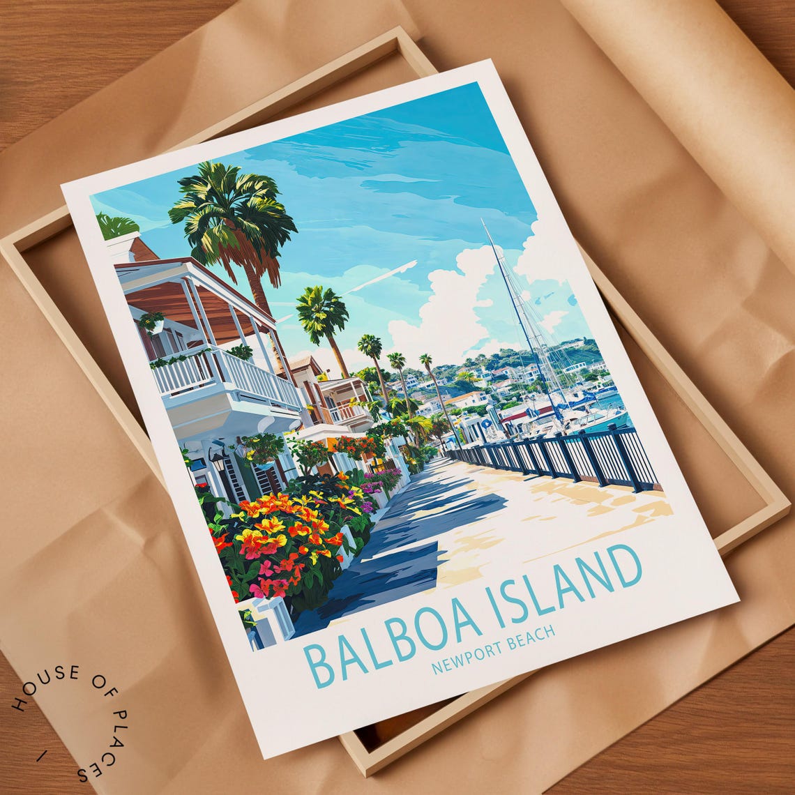 Balboa Island Newport Beach Harbor Boardwalk Palm Trees Travel Poster - Image 2