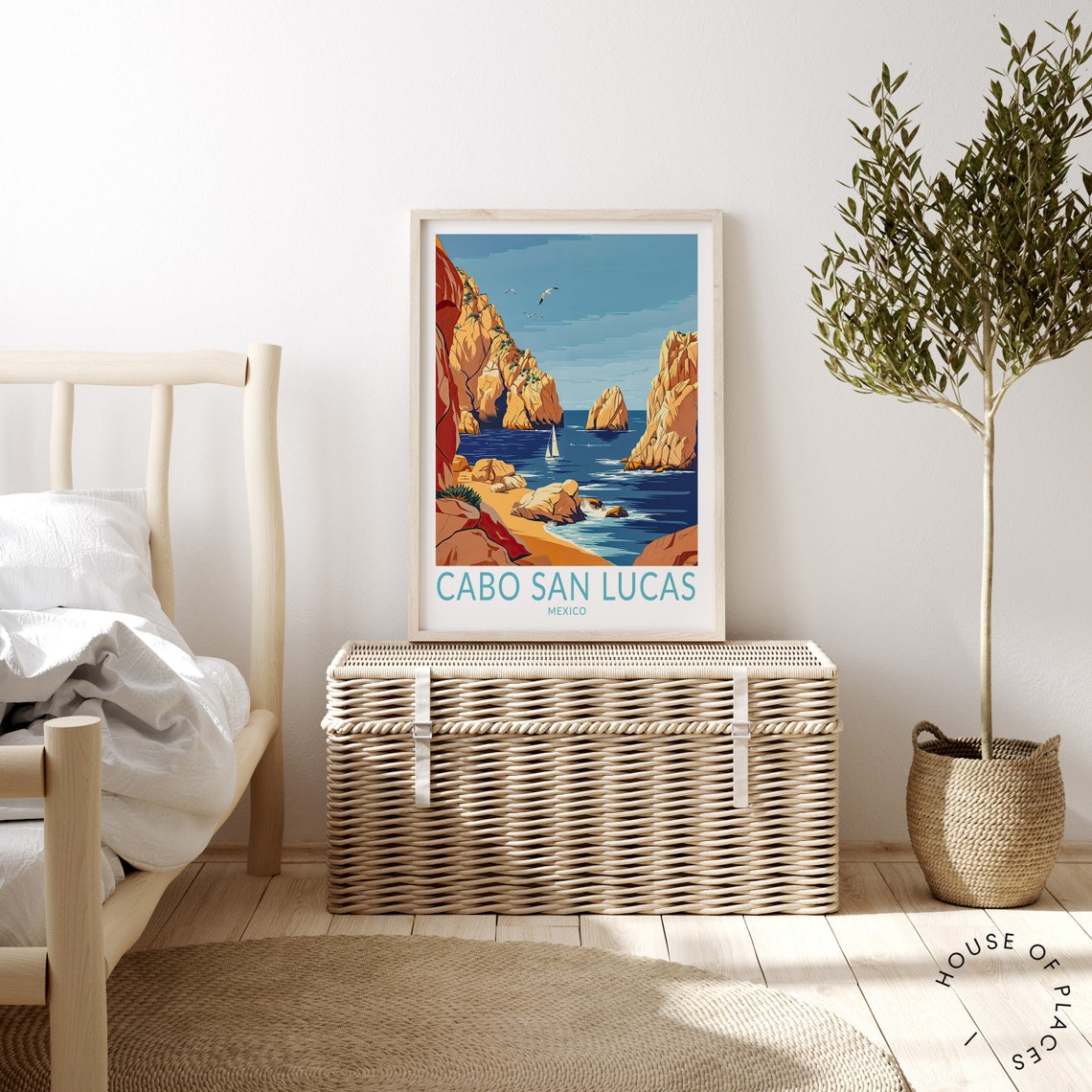 Cabo San Lucas Mexico Golden Cliffs Sailboat Teal Travel Poster - Image 3