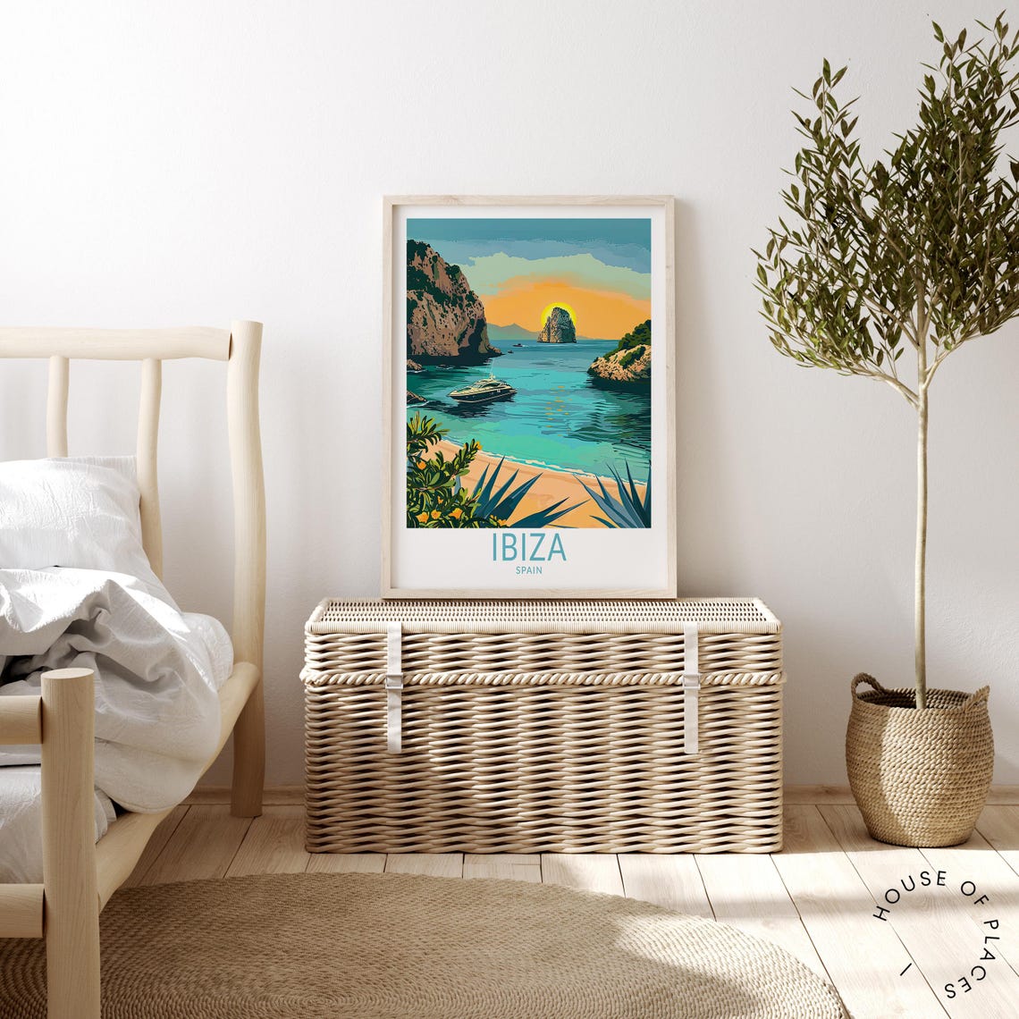 Ibiza Spain Golden Sunset Over a Turquoise Bay With a Yacht Poster - Image 4