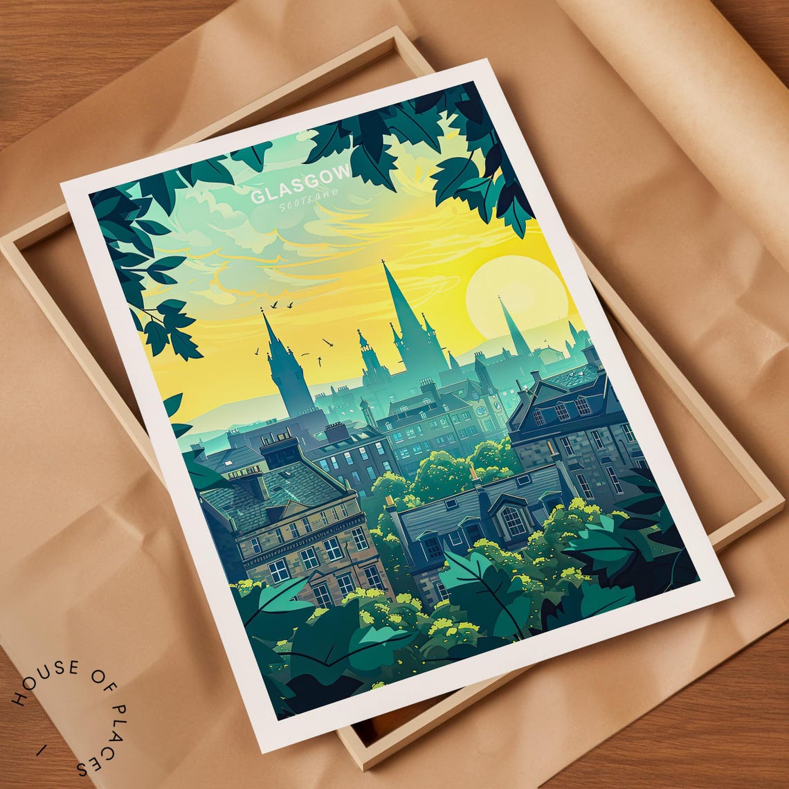 Glasgow Scotland City Skyline at Golden Sunset Through Leaves Poster - Image 2