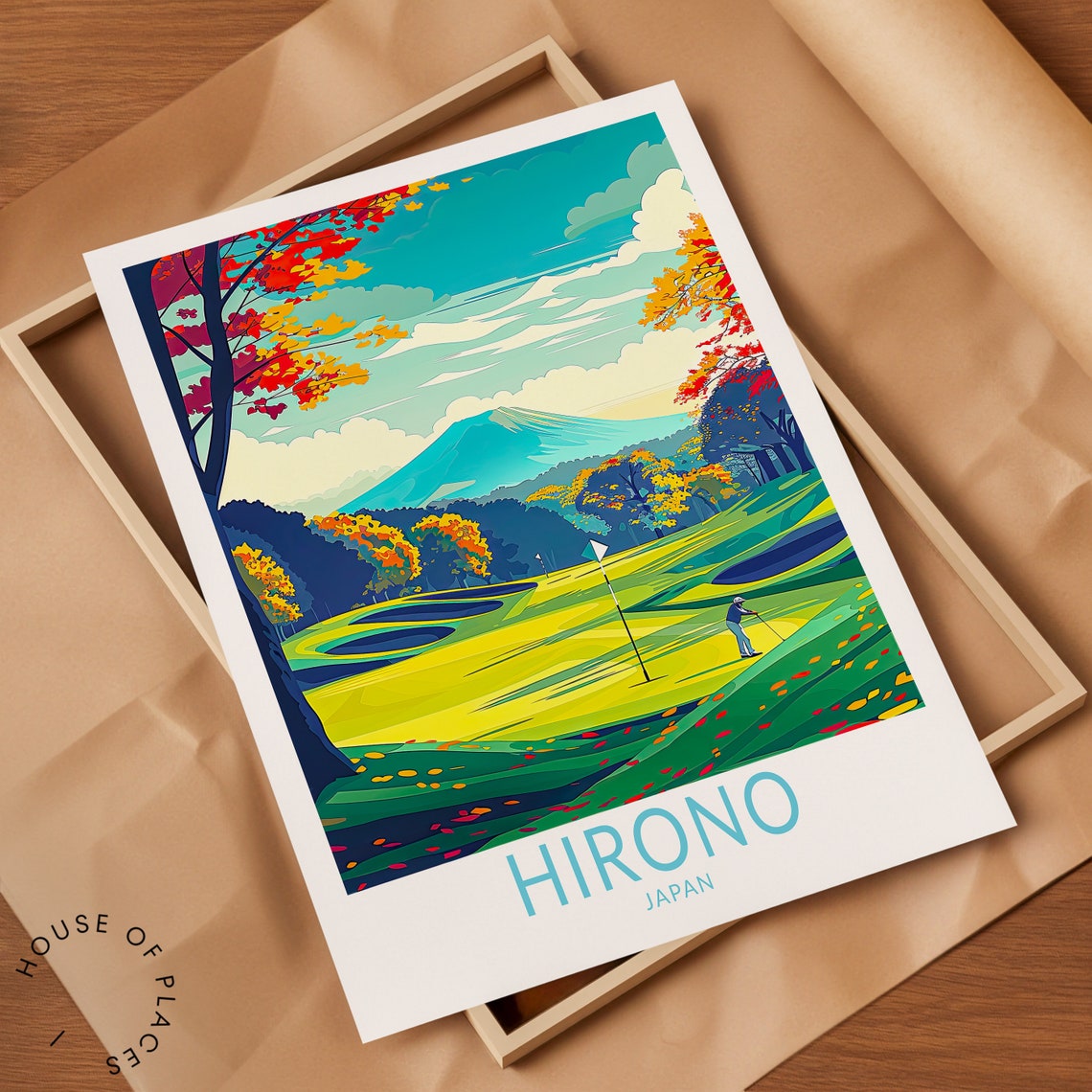 Hirono Japan Autumn Maple Golf Course with Golfer Travel Poster - Image 2