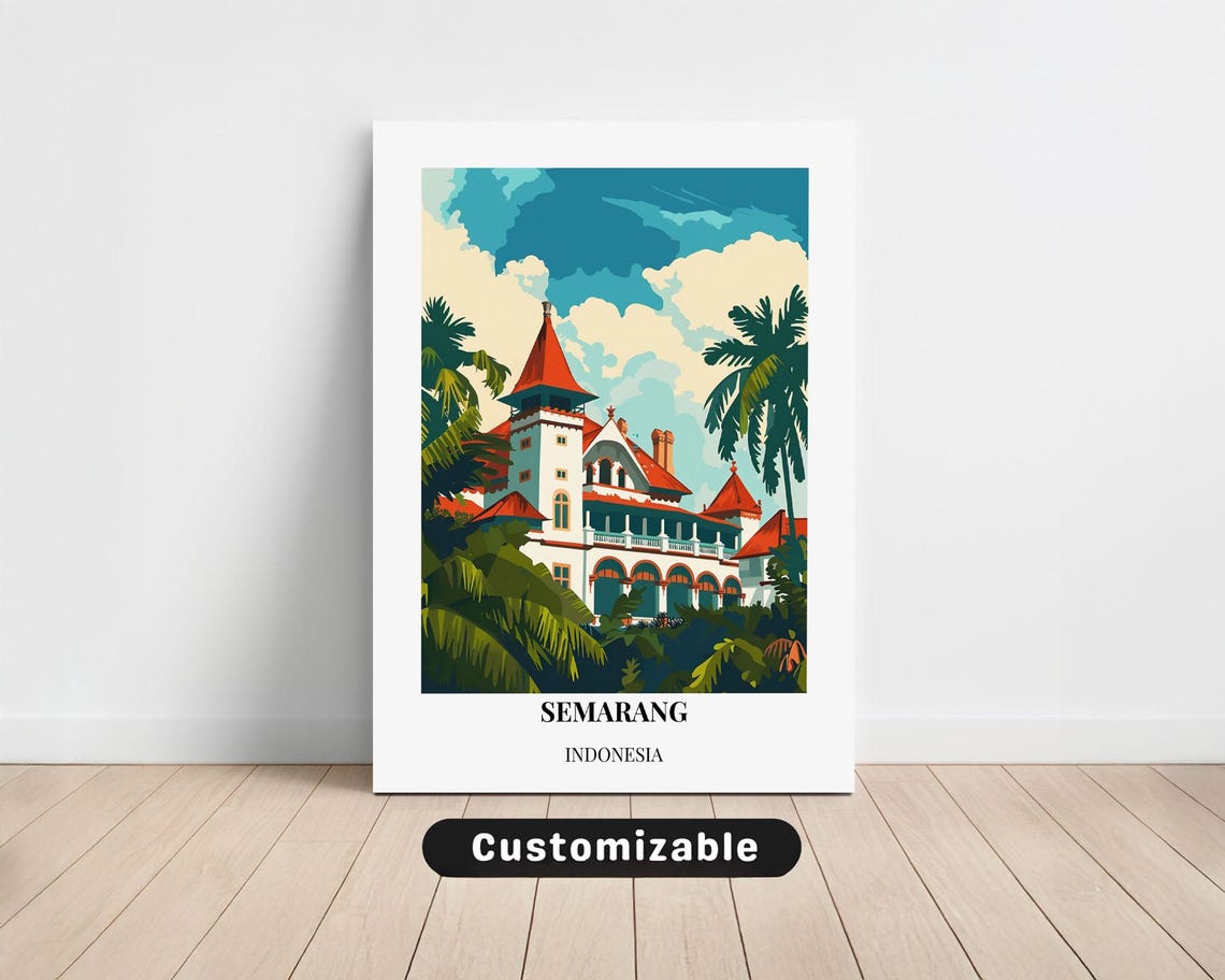 Semarang Indonesia Colonial Palace Red Roofs Vintage Travel Poster