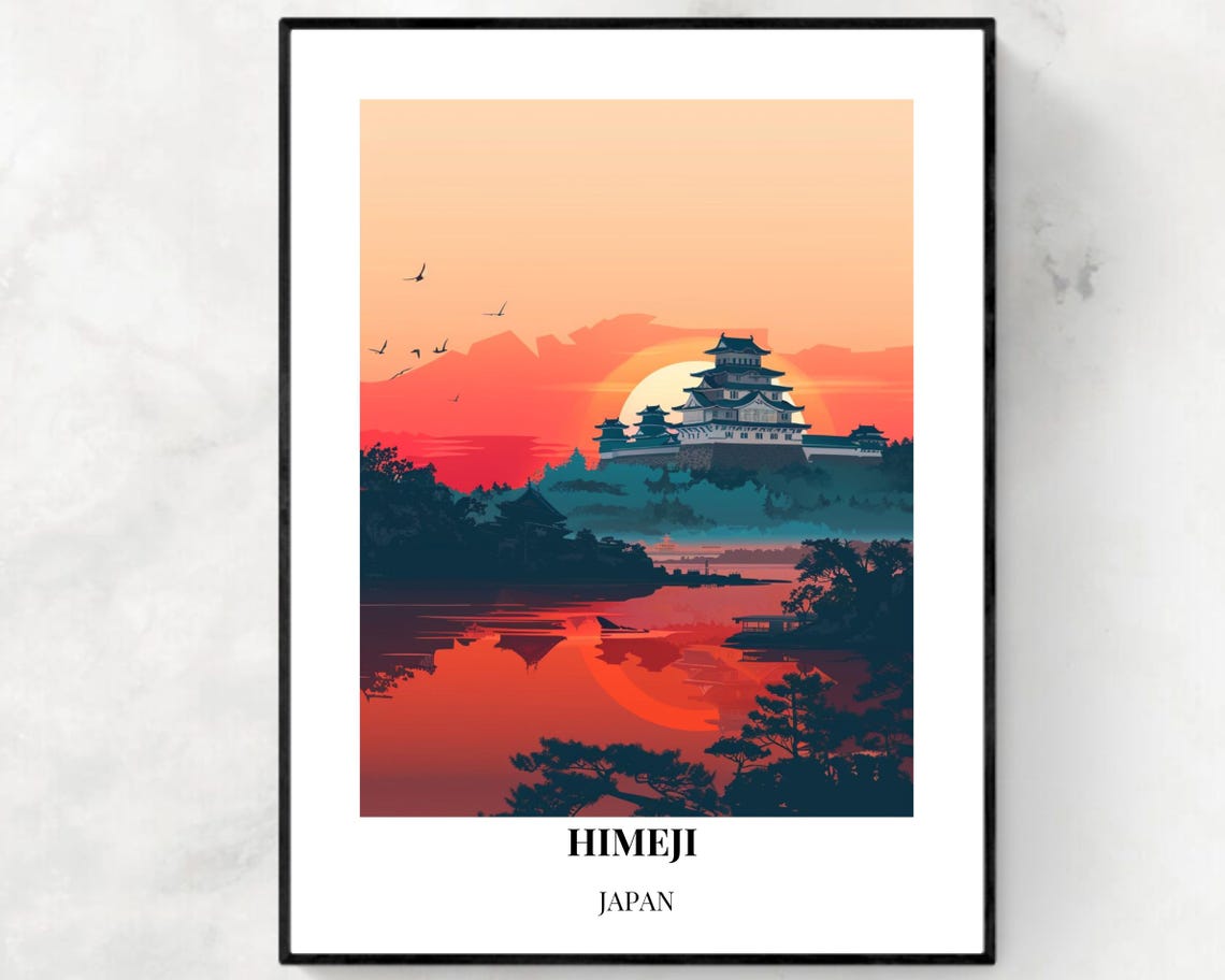 Himeji Japan Castle Fiery Sunset Reflection Evening Travel Poster