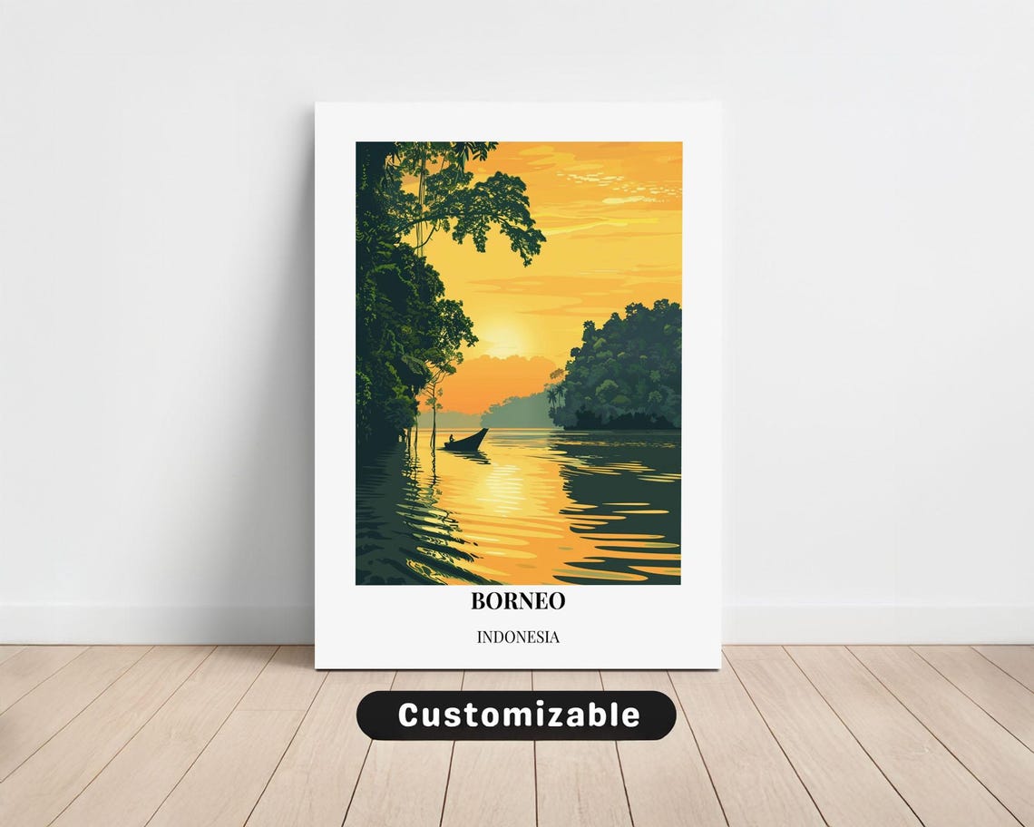 Borneo Indonesia Sunset River Boat Golden Evening Travel Poster