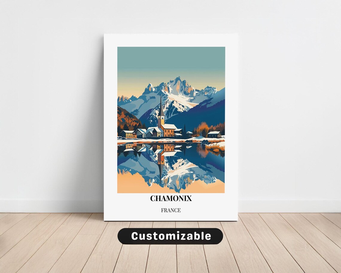Chamonix France Alps Travel Poster Mont Blanc Lake Mirror View
