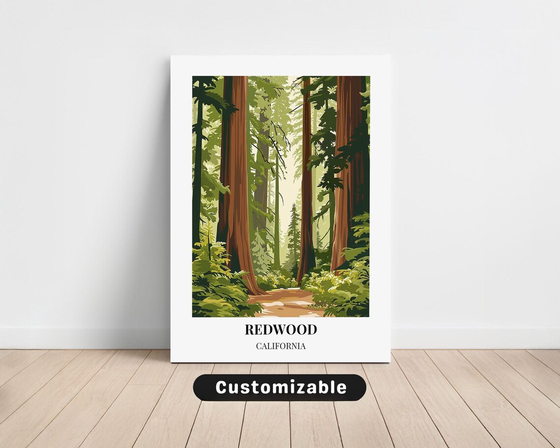 Redwood California Travel Print Giant Forest Trees Vintage Scenic Art
