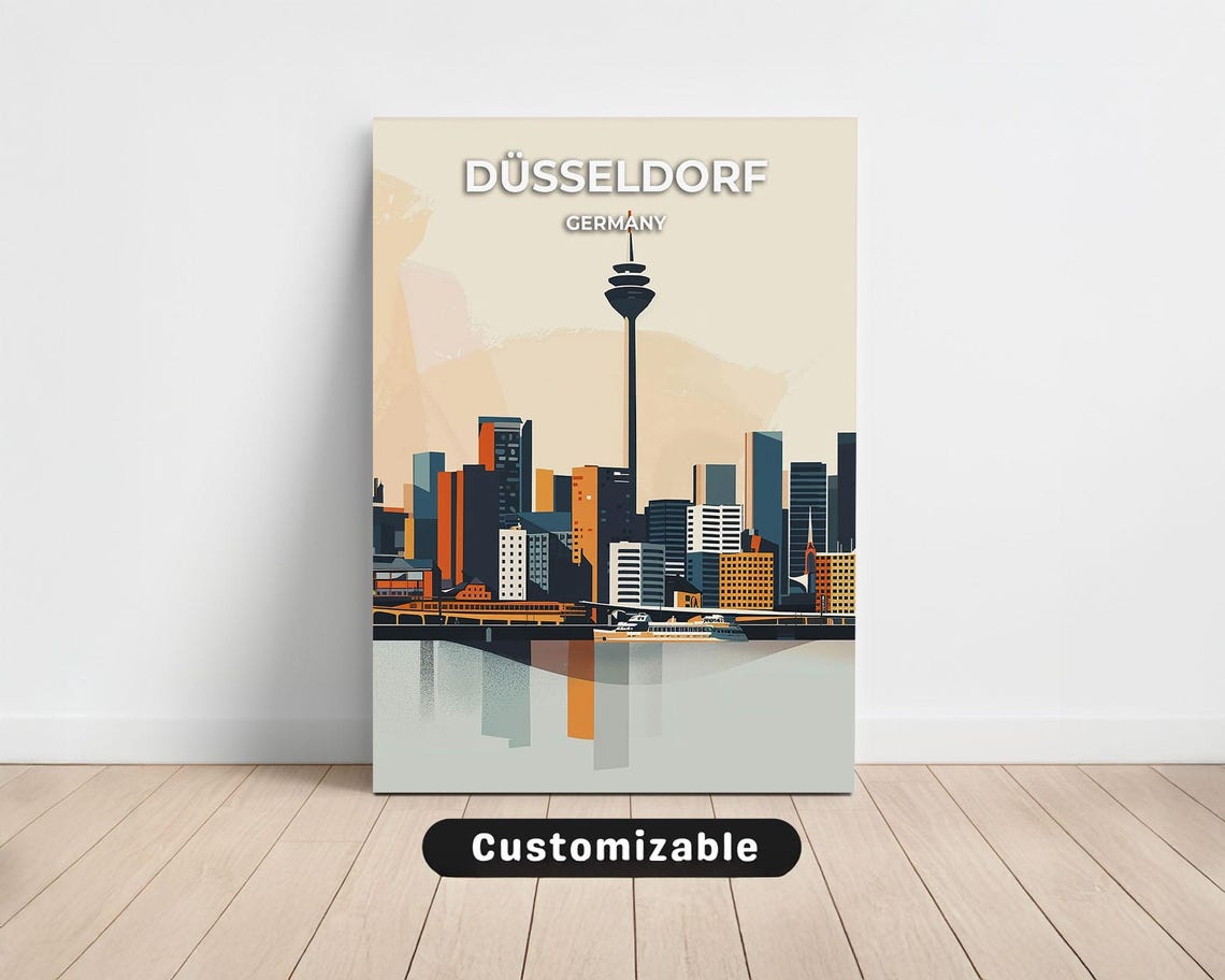 Düsseldorf Germany Rheinturm River Skyline Retro City Travel Poster