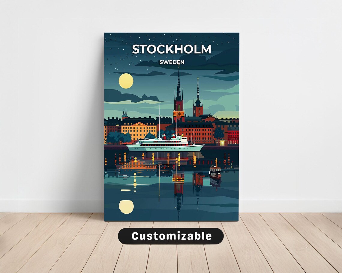 Stockholm Sweden Moonlit Night Travel Poster Harbor Ferry Spires Scene