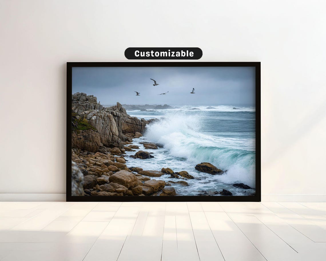 Rocky Coastline With Crashing Waves And Seagulls Ocean Print