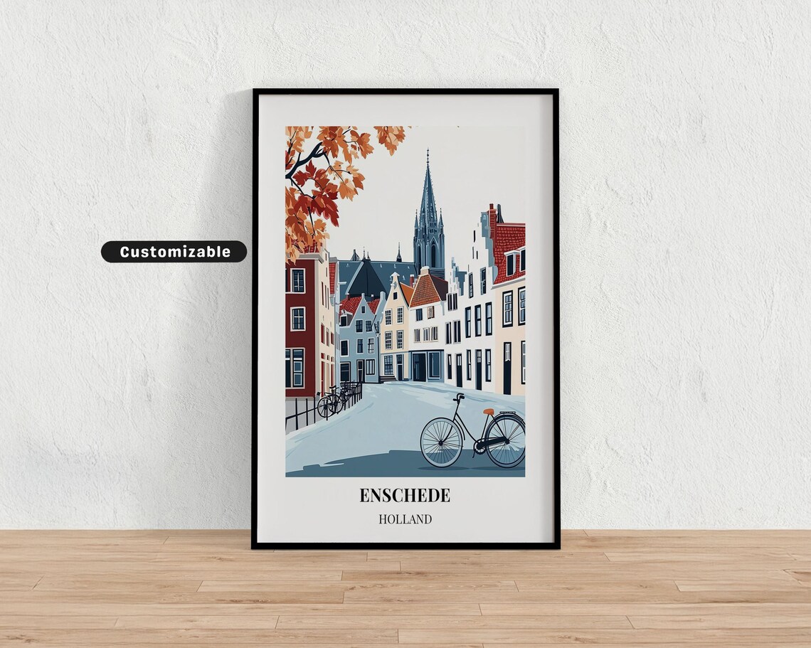 Enschede Holland Autumn Street with Church and Bicycle Travel Poster