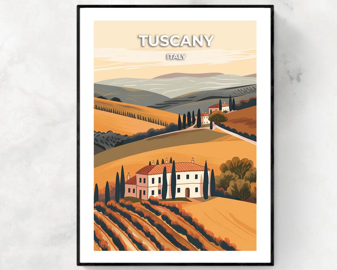 Tuscany Italy Rolling Hills Cypress Trees and Villa Travel Poster