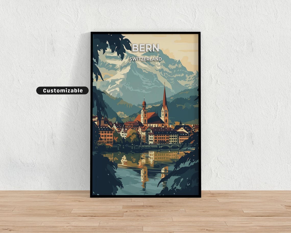 Bern Switzerland Old Town Scenic Mountain Travel Style Poster