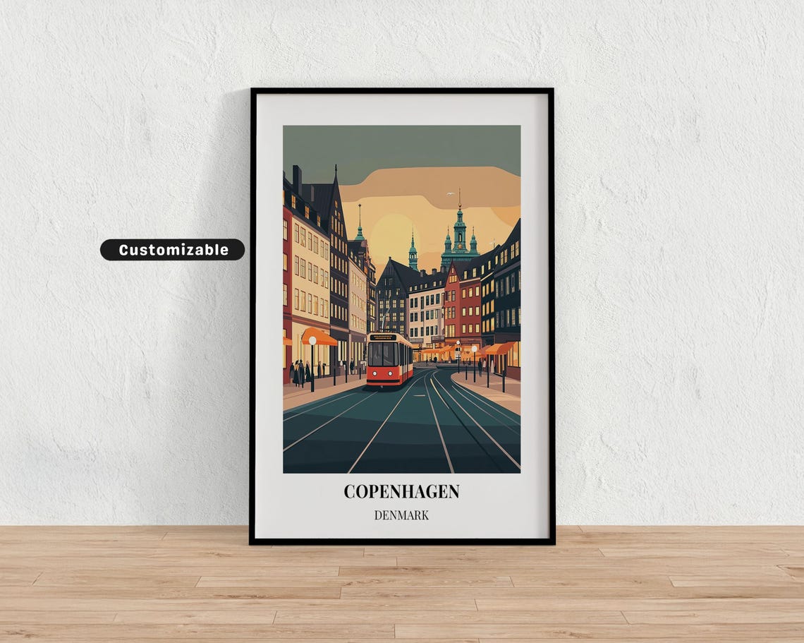 Copenhagen Denmark Evening Tram Historic Street Vintage Travel Poster