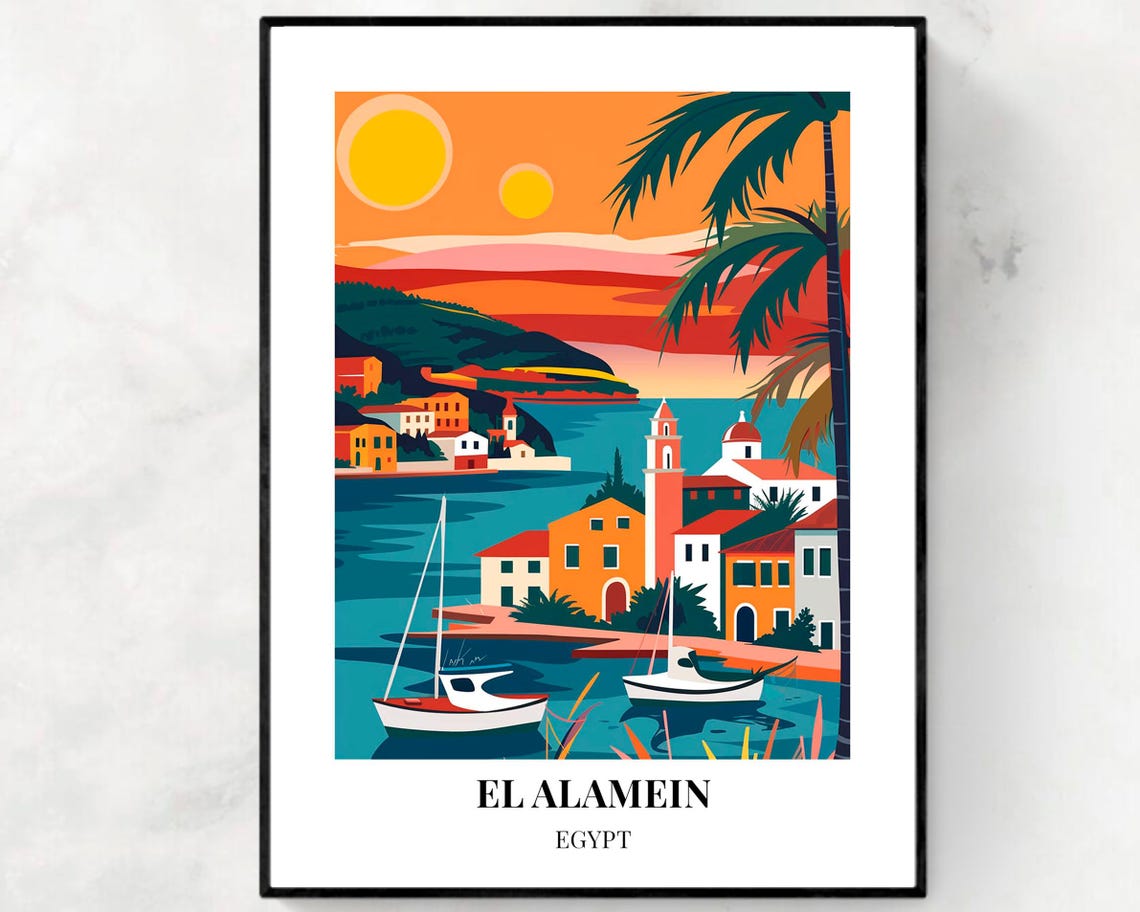 El Alamein Egypt Harbor Sunset Sailboats Coastal Village Travel Poster