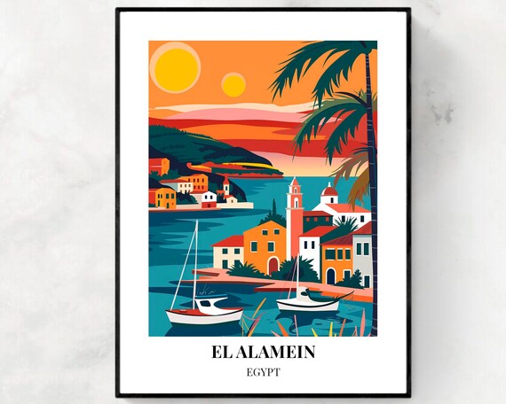 El Alamein Egypt Harbor Sunset Sailboats Coastal Village Travel Poster
