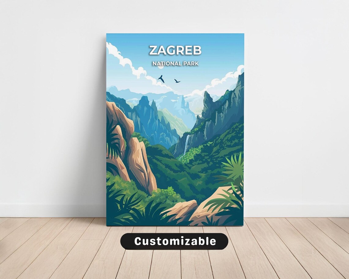 Zagreb National Park Lush Green Mountain Valley Vintage Travel Poster