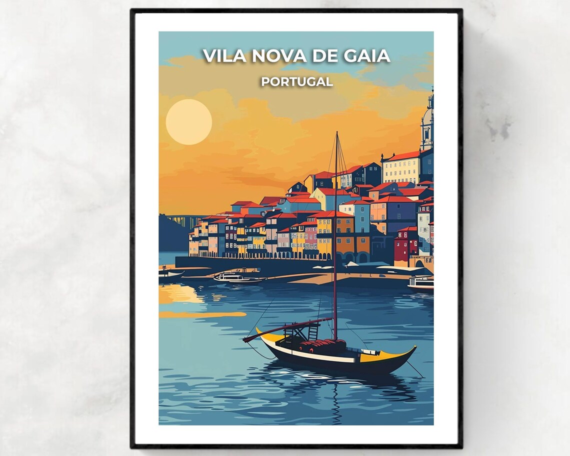 Vila Nova de Gaia Portugal Sunset Rabello Boat Douro Travel Poster
