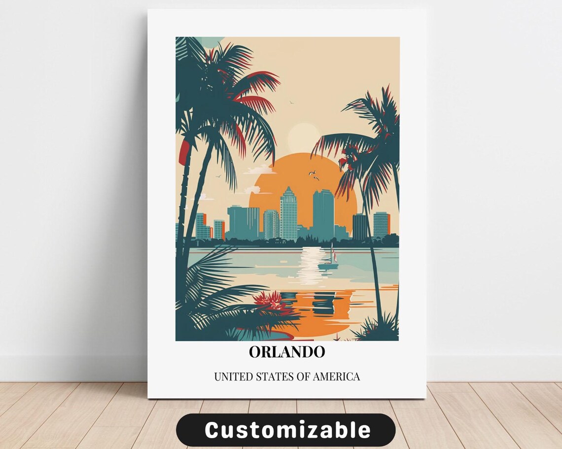 Orlando Skyline Palms Sunset Lake Classic Retro Travel Poster