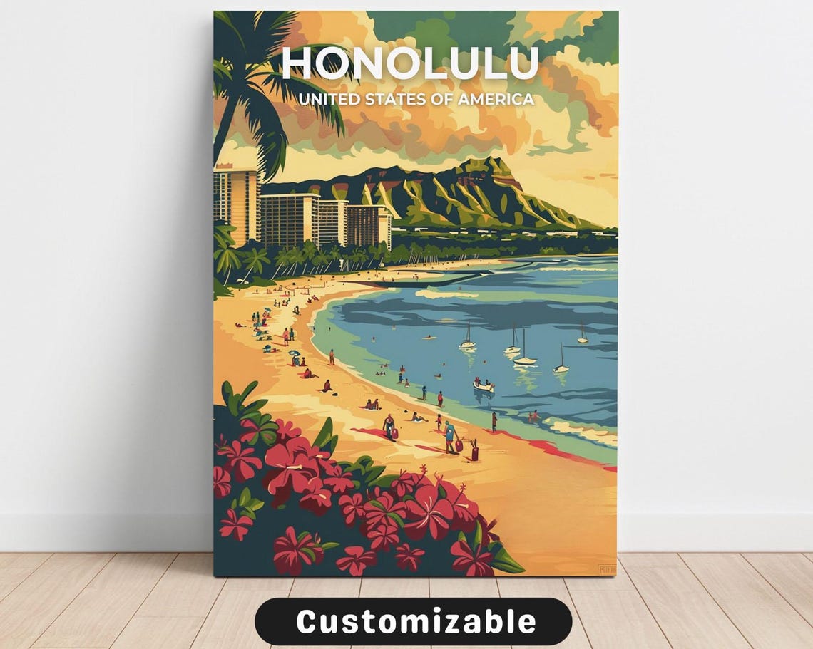 Honolulu Waikiki Beach Diamond Head Retro Vintage Travel Poster