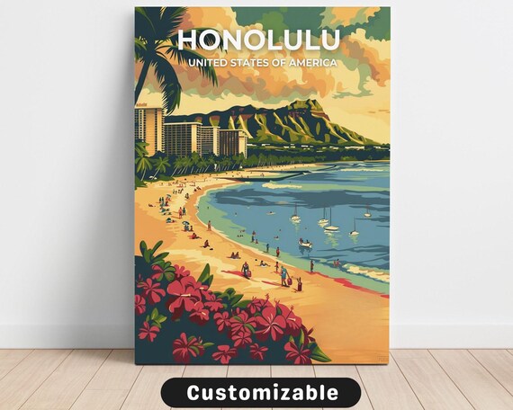 Honolulu Waikiki Beach Diamond Head Retro Vintage Travel Poster