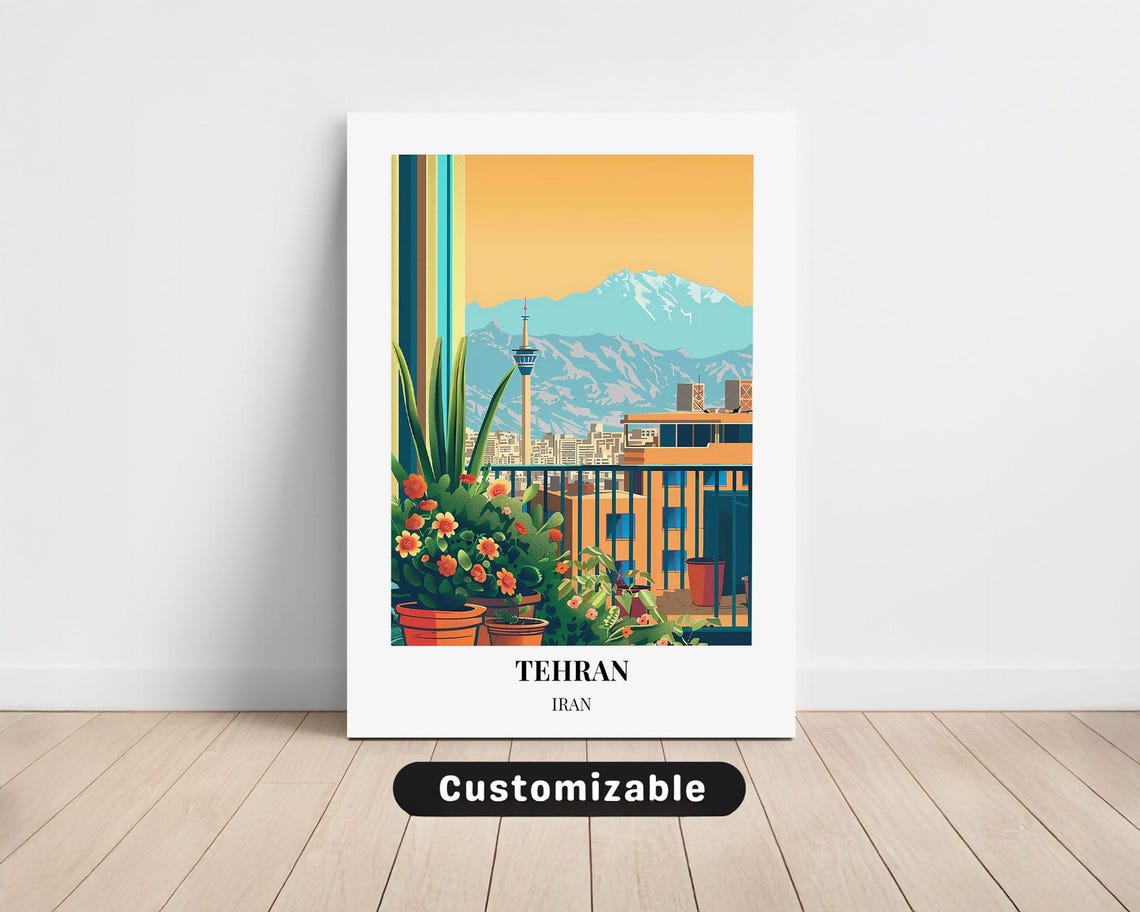 Tehran Iran Travel Poster Milad Tower Balcony Flowers Mountain View