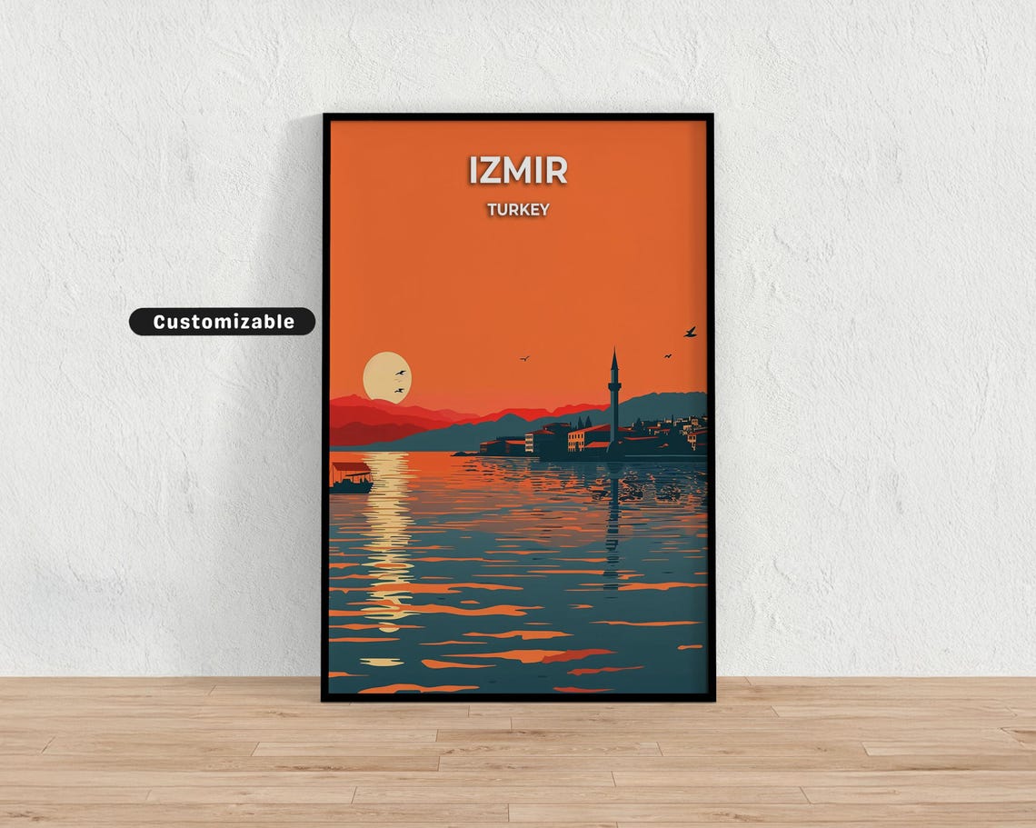 Izmir Turkey Waterfront Sunset Minaret Bay Custom Travel Poster