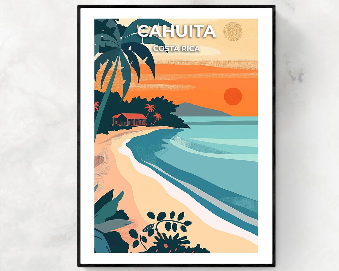 Cahuita Costa Rica Sunset Beach Poster with Palm and Beach House