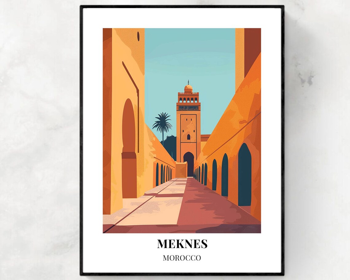 Meknes Morocco Minaret Street Ochre Walls Vintage-Style Travel Poster