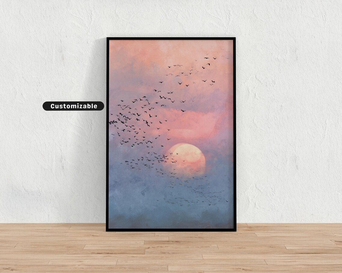 Flock of Birds Crossing Pastel Sunrise Sky Dreamy Art Poster