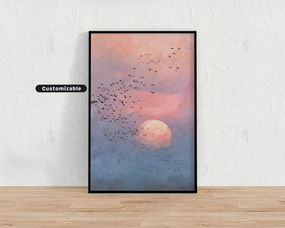 Flock Of Birds Flying Across Rising Sun In Pastel Sky Japanese Wall Art Print Zen Asian Decor