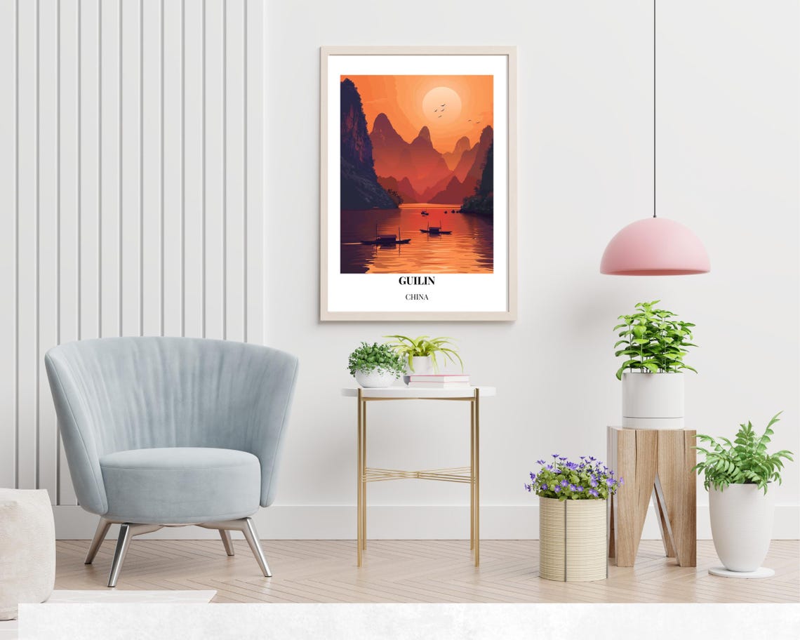 Guilin China Karst Peaks Orange Sunset River Silhouette Travel Poster - Image 2
