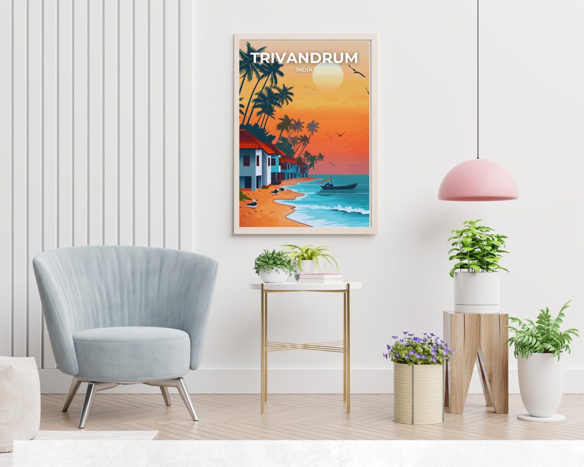 Trivandrum India Sunset Beach Houses Seagulls Coastal Travel Poster - Image 2