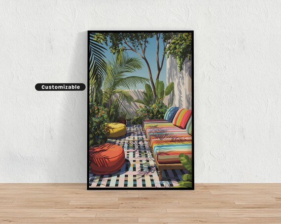 Garden Terrace With Striped Cushions Palm Trees And Painted Floor Mediterranean Colorful Wall Art Tropical Illustration Print Modern