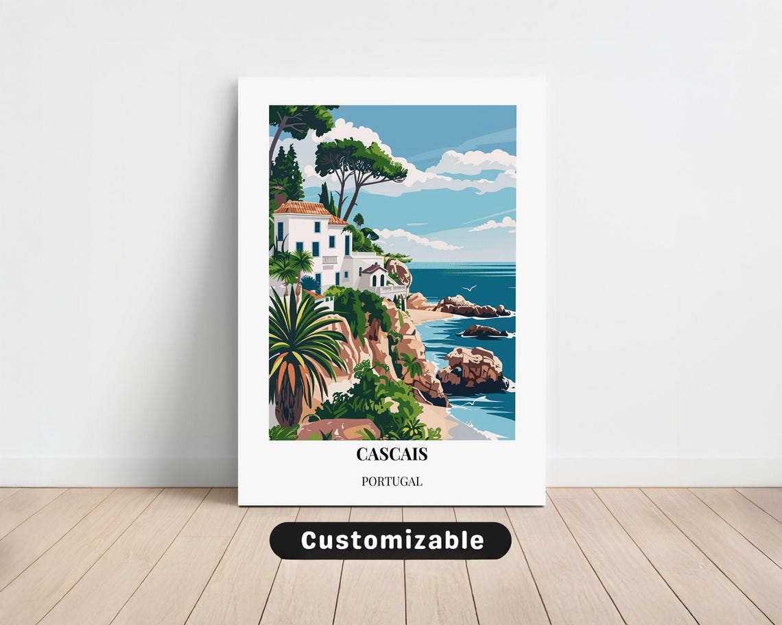 Cascais Portugal Cliffside Villa Rocky Beach Coastal Town Poster