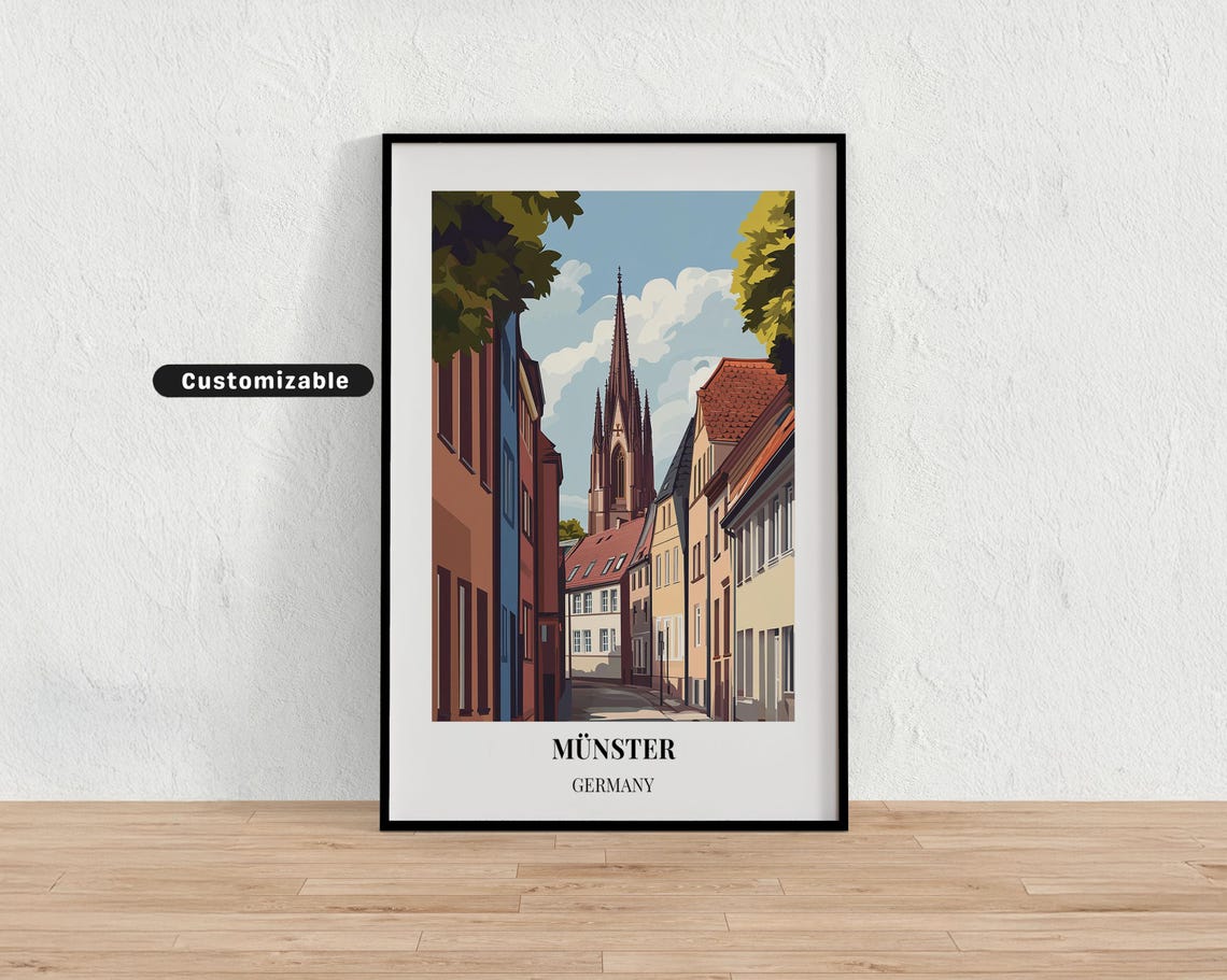 Munster Germany Gothic Spire Old Street Modern Travel Poster