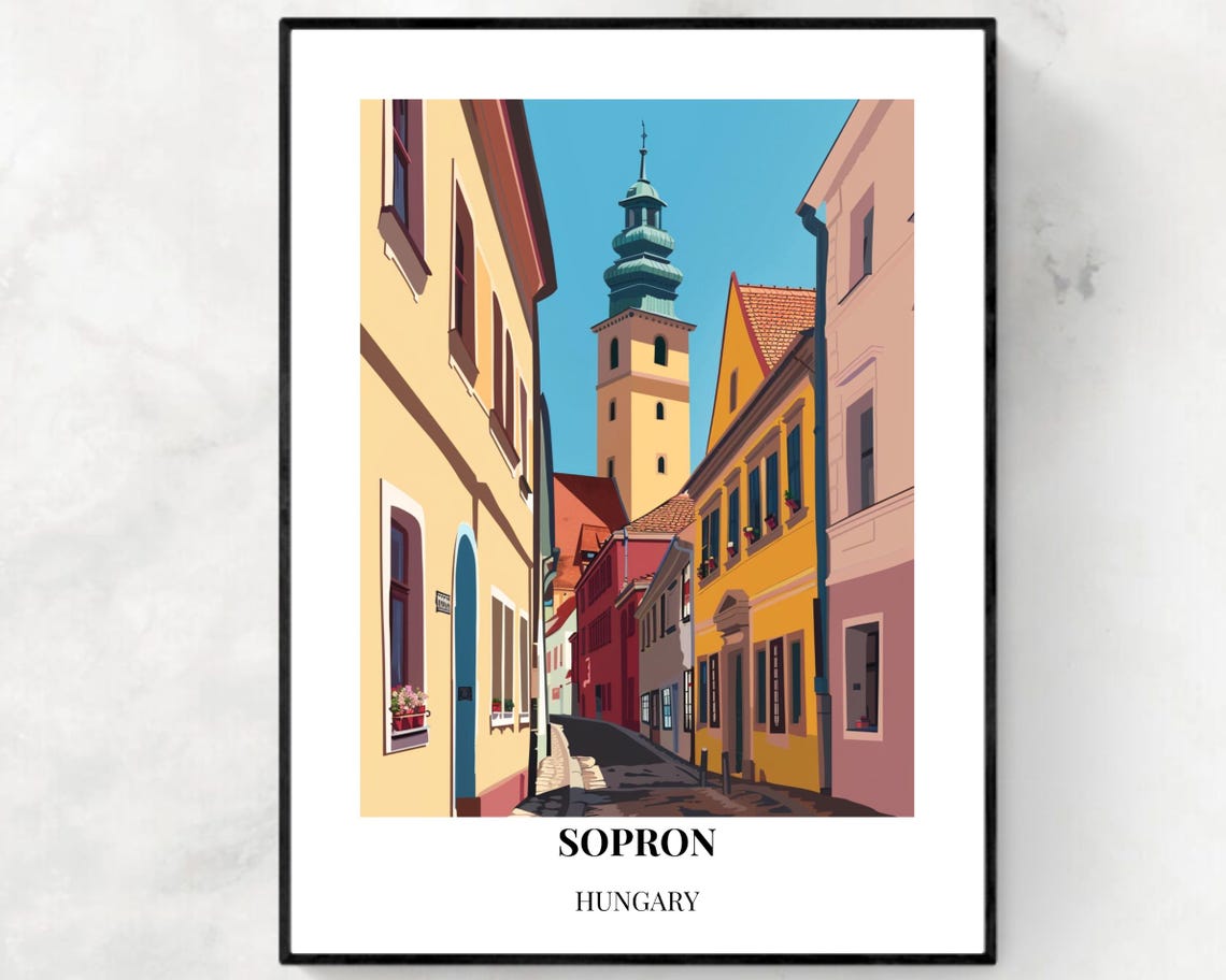 Sopron Hungary Old Town Street Colorful Houses Tower View Poster