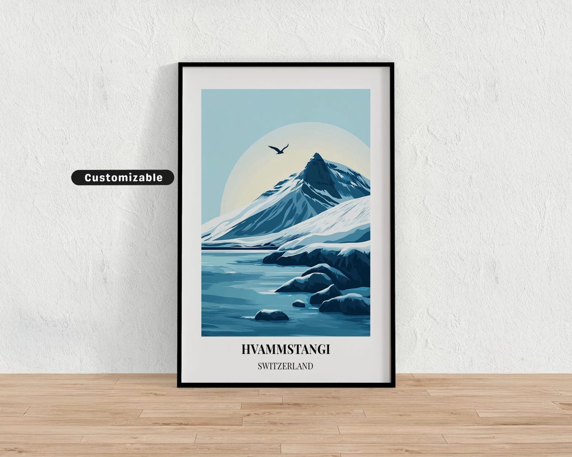 Hvammstangi Switzerland Snowy Mountain Lake Winter Travel Poster