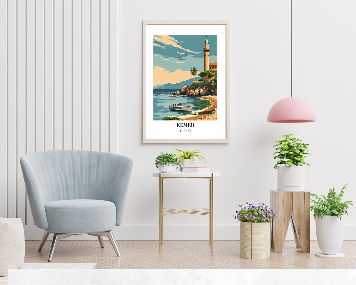Kemer Turkey Coastal Minaret and Fishing Boat Morning Travel Poster - Image 2