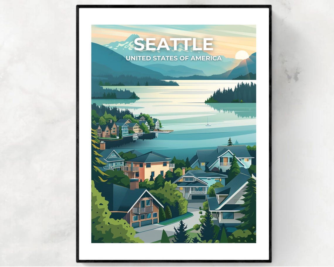 Seattle Washington Golden Lakeside Homes Headline Travel Poster