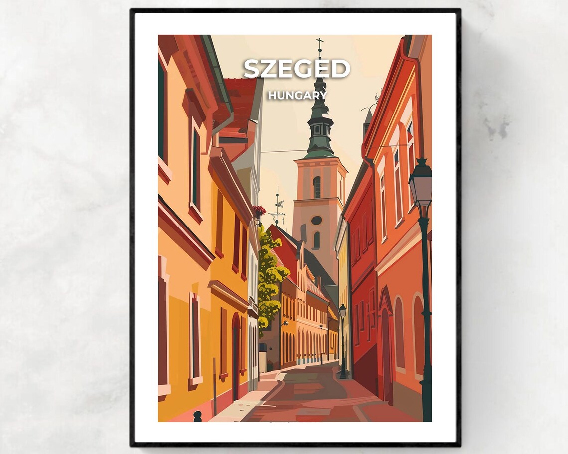 Szeged Hungary Old Town Street Church Tower Vintage Travel Poster